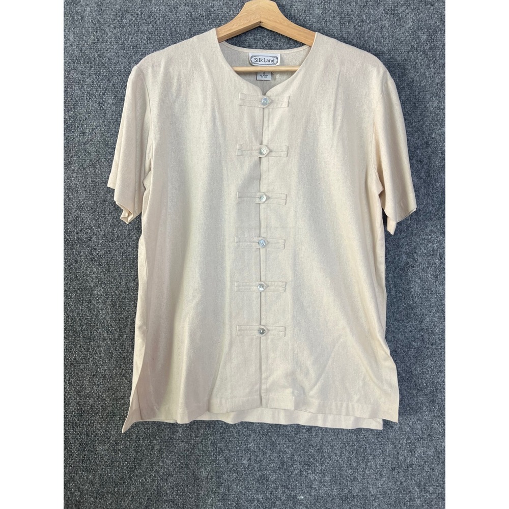 Silk Land Ivory Raw Silk Frog Button Short Sleeve Blouse Top Small 10082